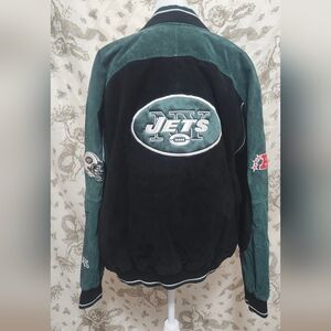 NFL 90s Black and Green New York Jets Bomber Letterman Leather Suede Jacket Xl